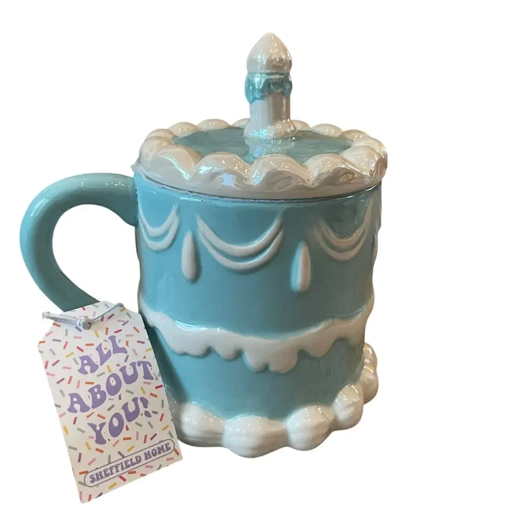 2pc Sheffield Home Hand Painted Blue Happy Birthday Cake Mug with Candle Lid New